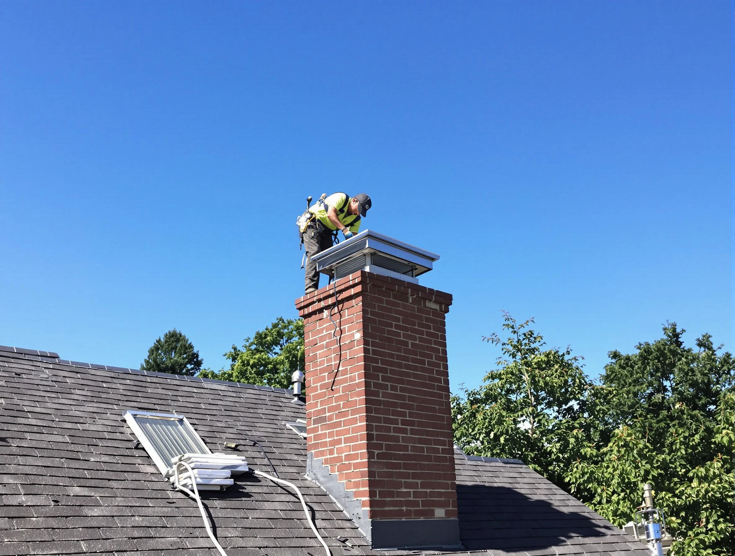 North Huntingdon Chimney Sweep technician measuring a chimney cap in North Huntingdon, PA